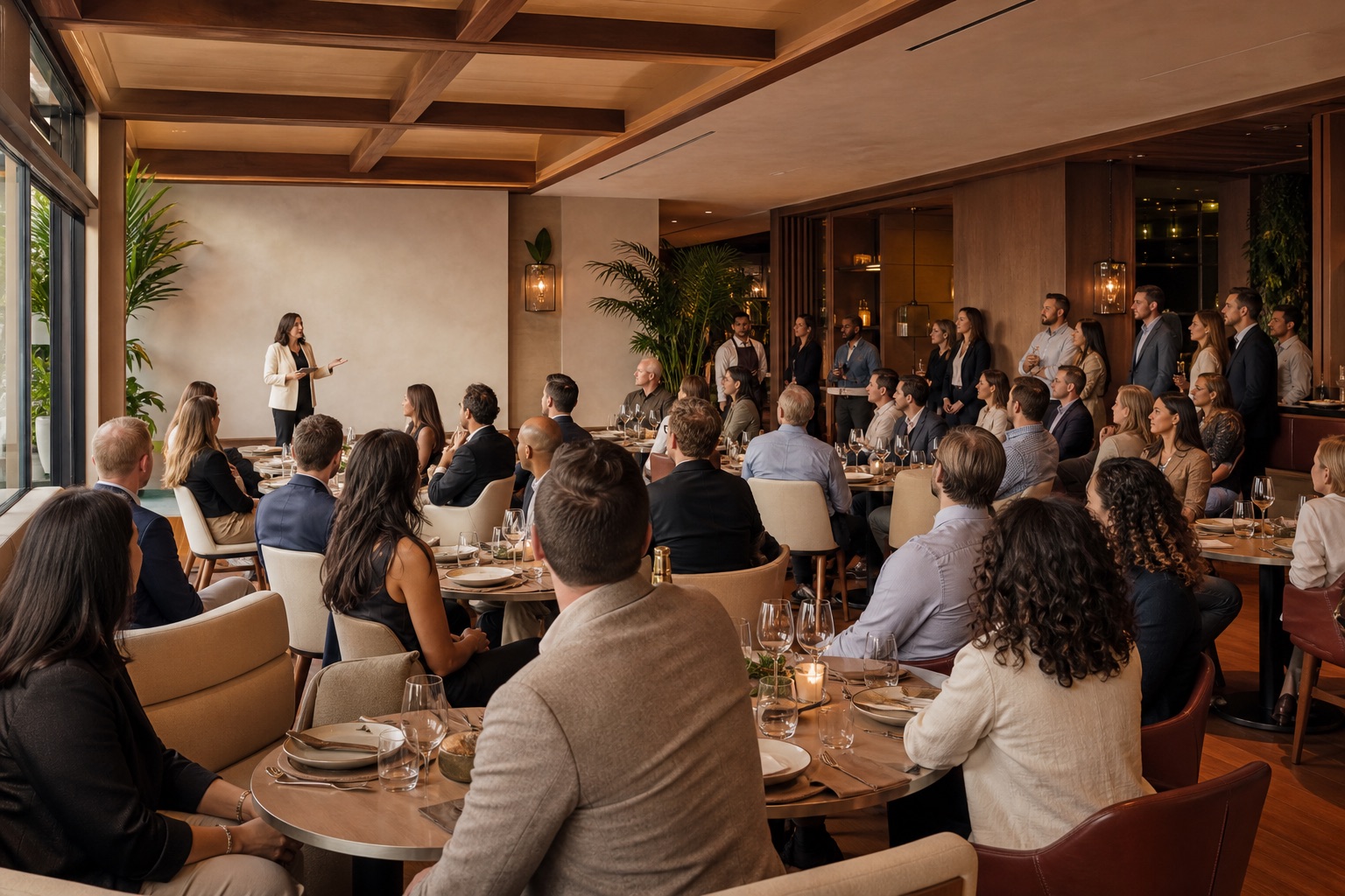 Colleagues dining together at a corporate private event.