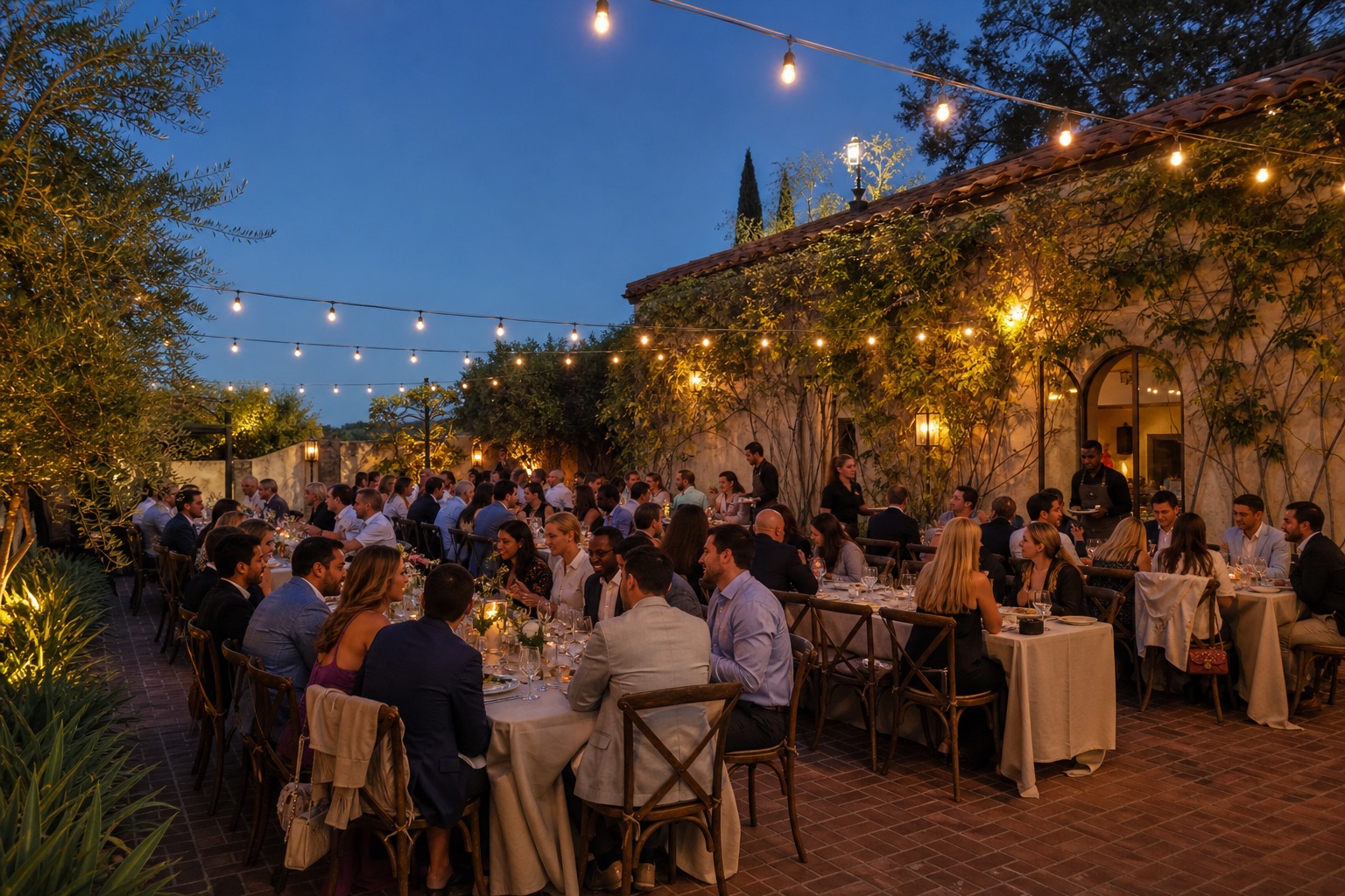 Guests gathered at long tables for an outdoor restaurant event.
