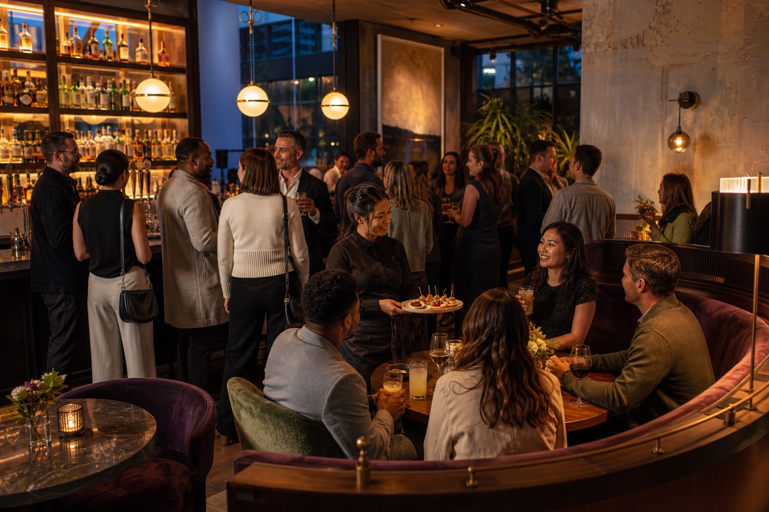 Guests socializing at an upscale restaurant bar during a private event.